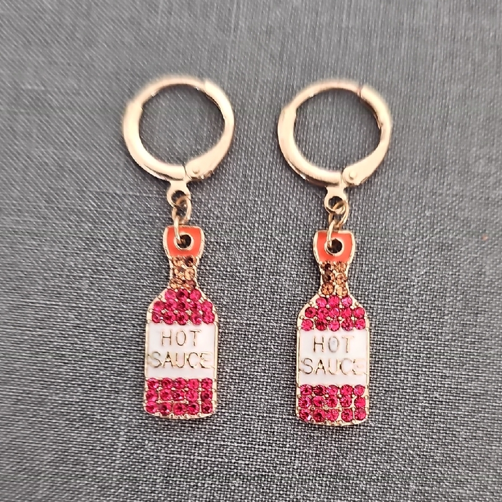 Hot Sauce Bottle Earrings with Red Rhinestones